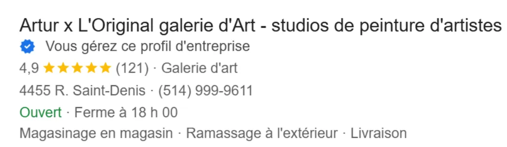 Fiche Google de la galerie du 4455 rue Saint-Denis, note de 4,9 étoiles